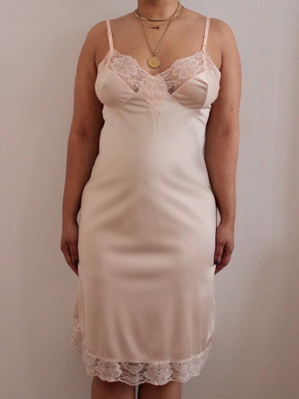 Vintage Lace-Trim Satin Slip in Blush